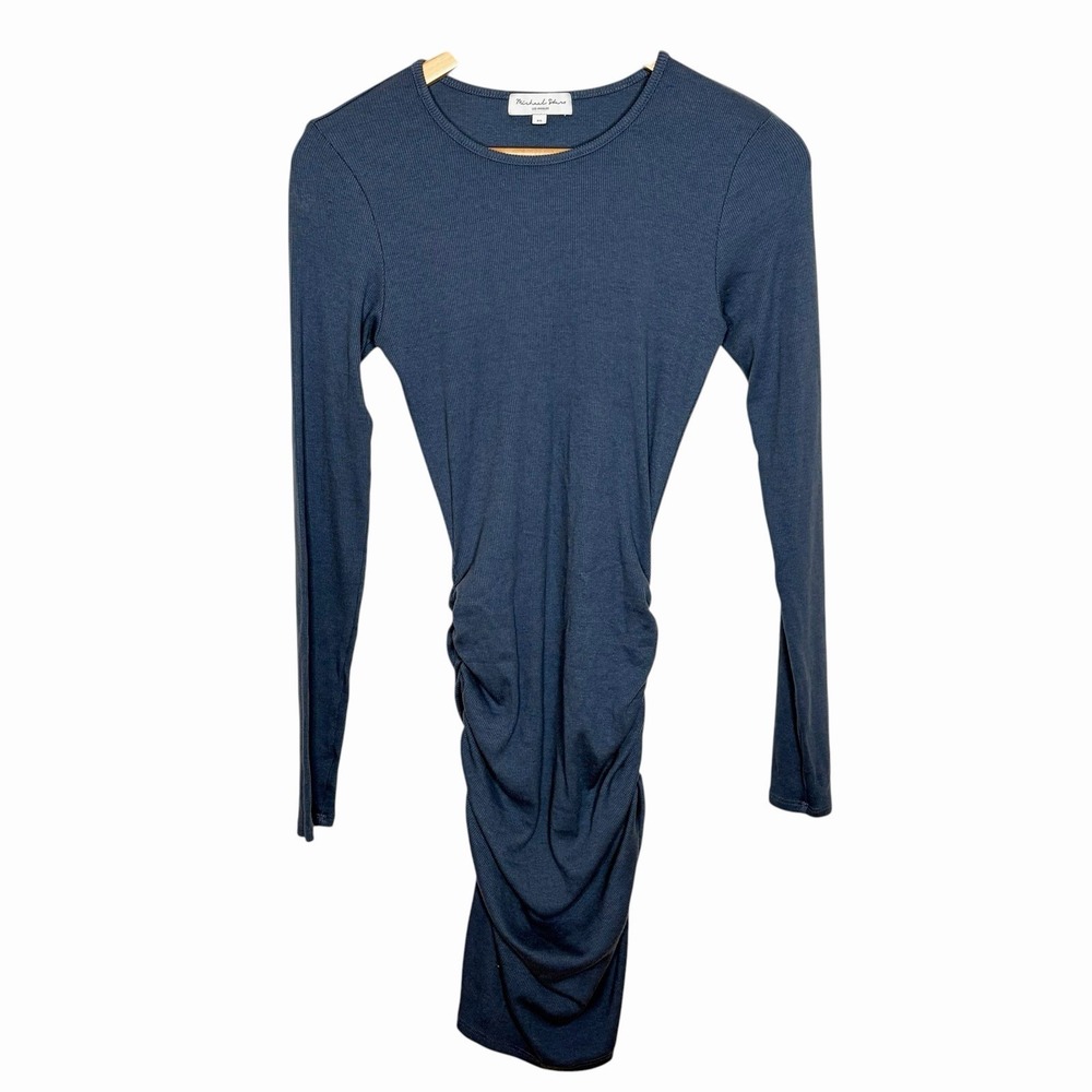 Michael Stars Ruched Long Sleeve Dress Blue Womens Size XS Ribbed Knit Bodycon